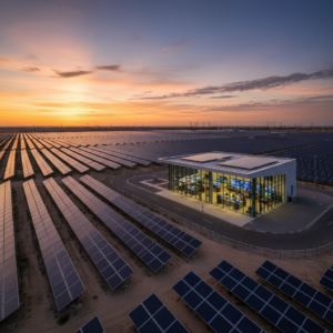 Wide view of a solar power plant at sunset representing the scale of professional asset monitoring and control systems.