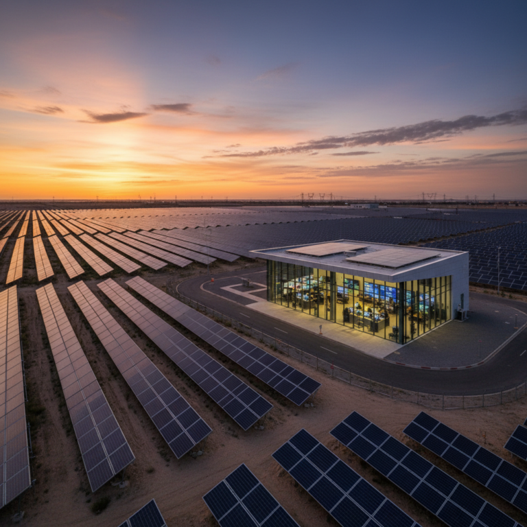 Wide view of a solar power plant at sunset representing the scale of professional asset monitoring and control systems.