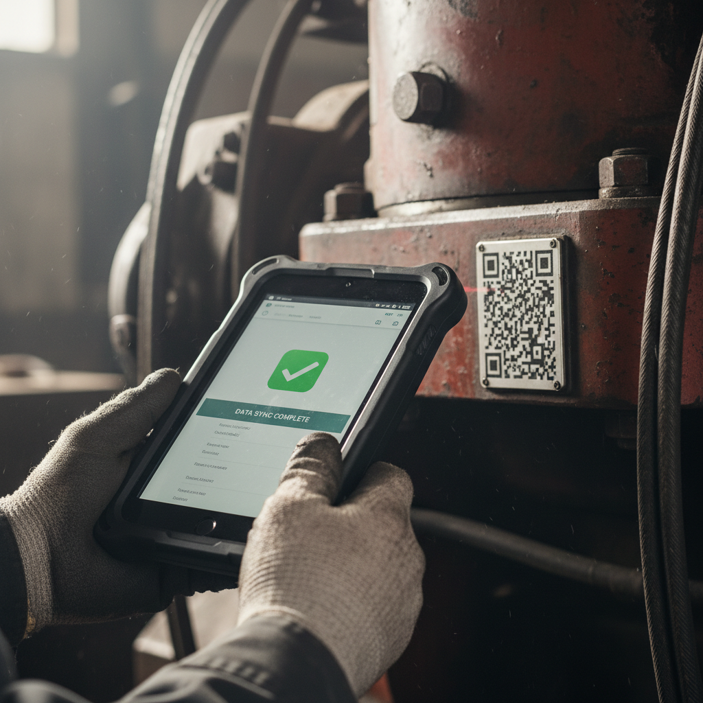 Close up of a technician using a digital tablet for asset tracking by scanning a barcode on industrial equipment.