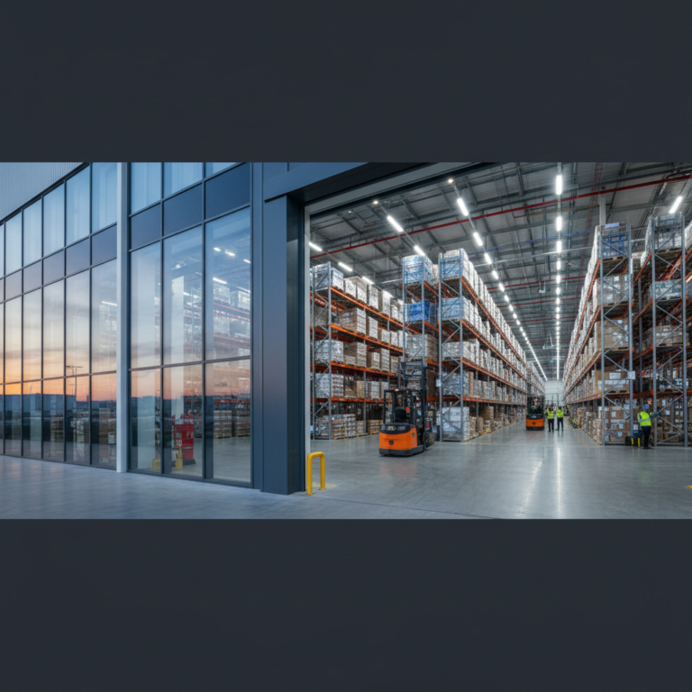 Wide view of a large industrial warehouse with organized rows of shelves showing an integrated asset tracking system at scale.