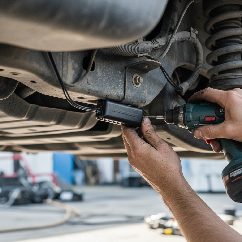 Close up of hands placing a professional battery powered gps tracker on a car frame with sharp focus on technical details.