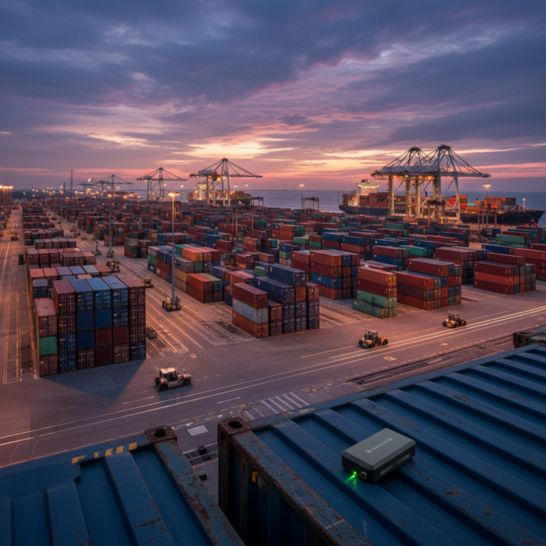 Wide view of a shipping terminal at sunset with a battery powered gps tracker attached to a large blue cargo container.