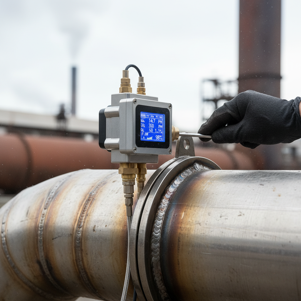 A technician hands adjusting a precision sensor on a pipe for technical carbon accounting data collection at a factory.