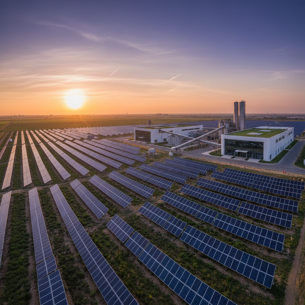 Wide view of a solar farm and industrial plant at sunrise representing large scale corporate carbon accounting practices.