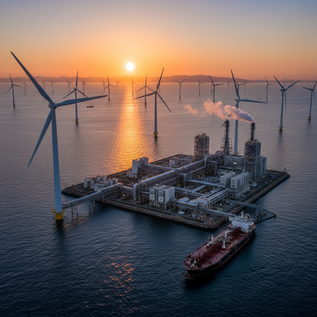 Wide view of wind turbines and a factory showing a large scale carbon reduction strategy in a coastal industrial landscape.