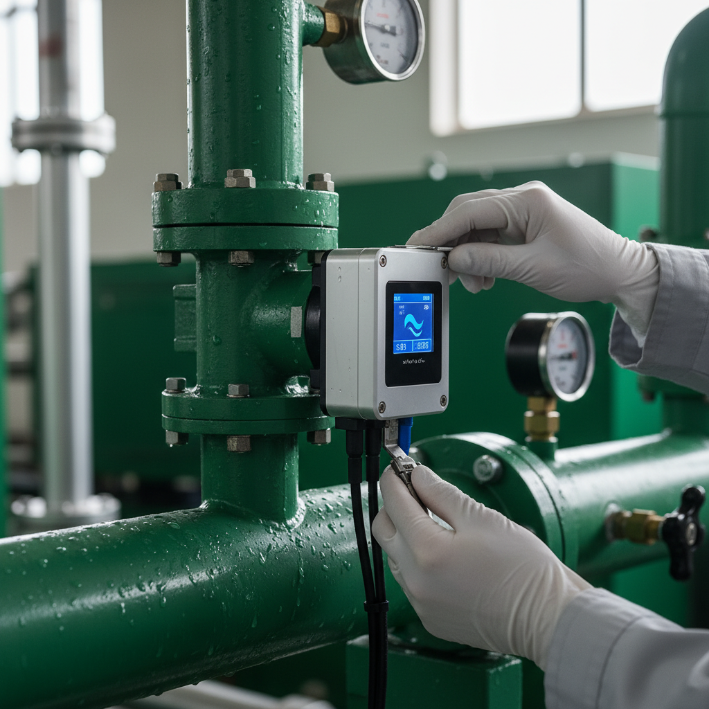 Close up of a technician installing sensors on industrial pipes to support a corporate sustainability strategy.
