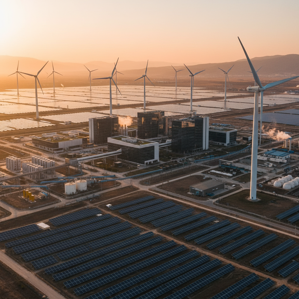 A vast solar farm and wind turbines surrounding a modern factory building for a corporate sustainability strategy.