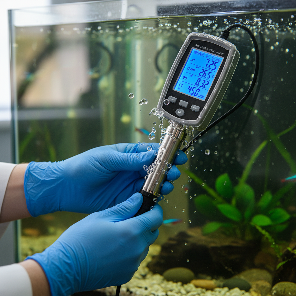 Close up of a digital probe sensor performing dissolved oxygen monitoring in aquaculture within a clear water tank.