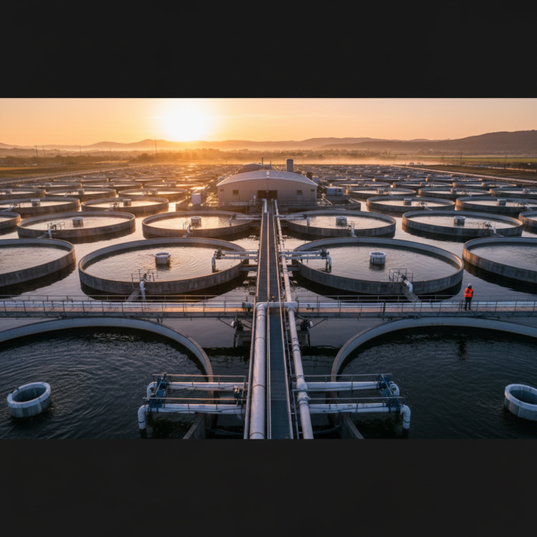 Wide view of a large fish farm facility showing tanks used for dissolved oxygen monitoring in aquaculture at dawn.