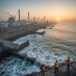Scientists conduct environmental compliance monitoring at a large industrial coastal site during a wide-angle sunrise shot.