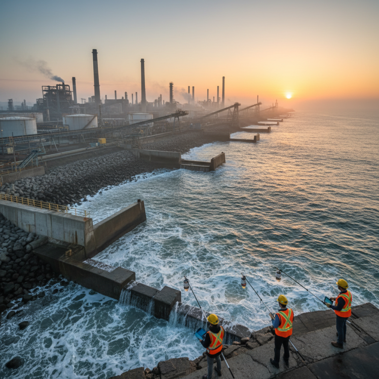 Scientists conduct environmental compliance monitoring at a large industrial coastal site during a wide-angle sunrise shot.