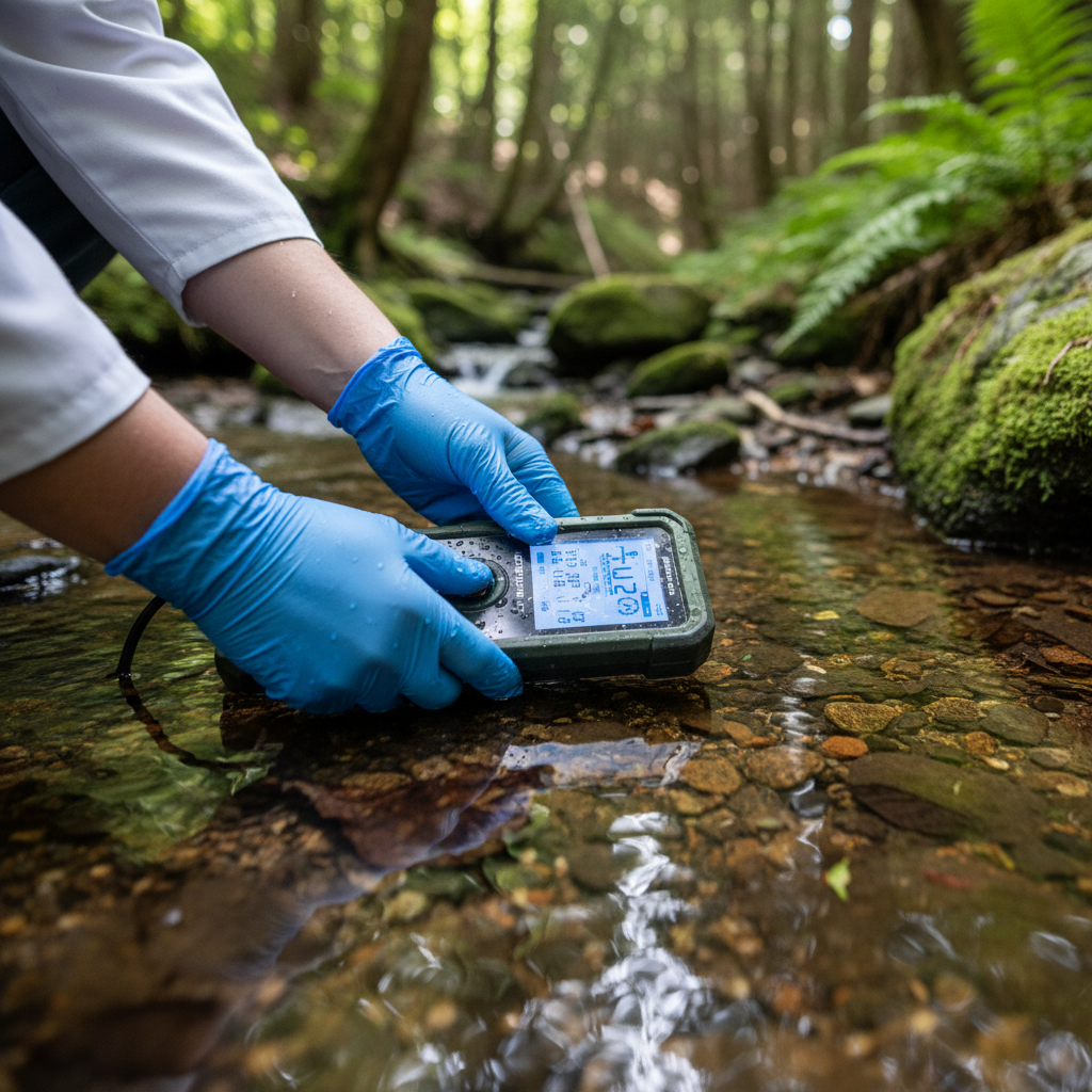Close up of a water quality sensor being used for environmental data collection in a clear flowing forest stream.