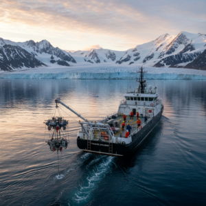 Research vessel in an Arctic fjord performing large scale environmental data collection at sunrise with glacial mountains.