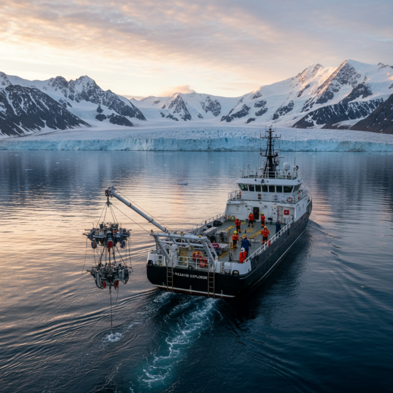 Research vessel in an Arctic fjord performing large scale environmental data collection at sunrise with glacial mountains.