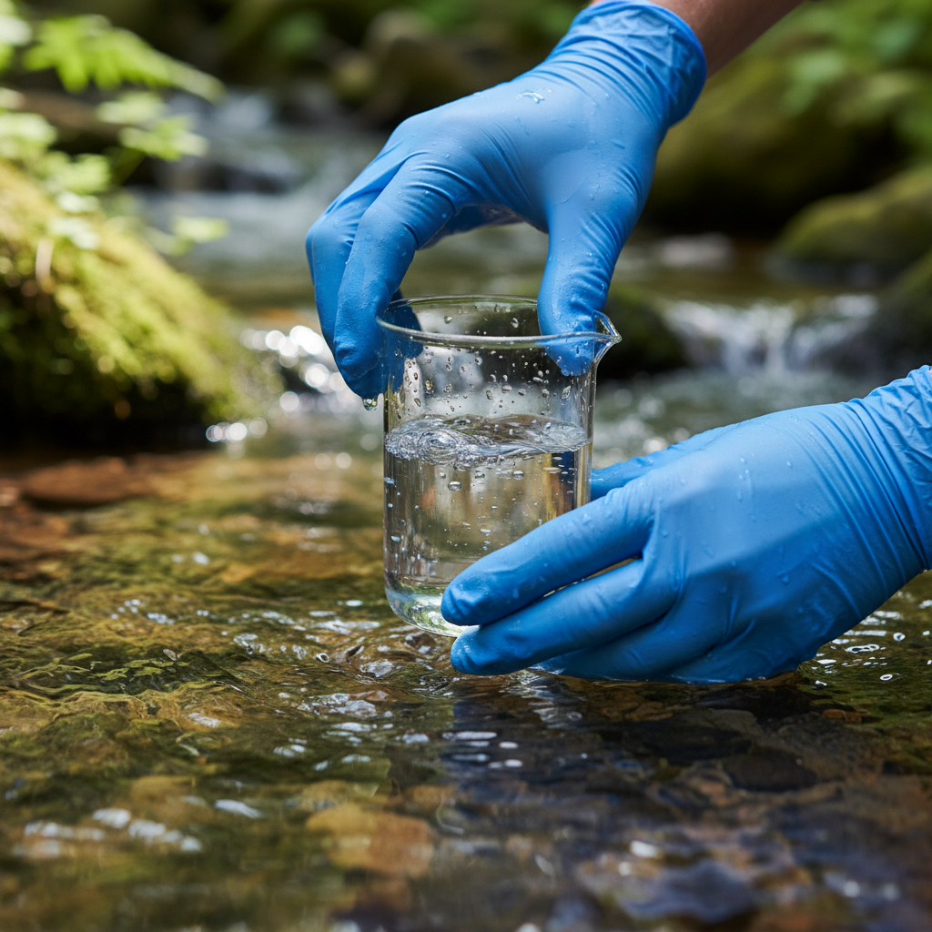 Close up of a researcher taking water samples for a technical environmental impact assessment in a natural stream.