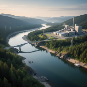 Wide panoramic view of a river valley and facility during a professional environmental impact assessment field study.