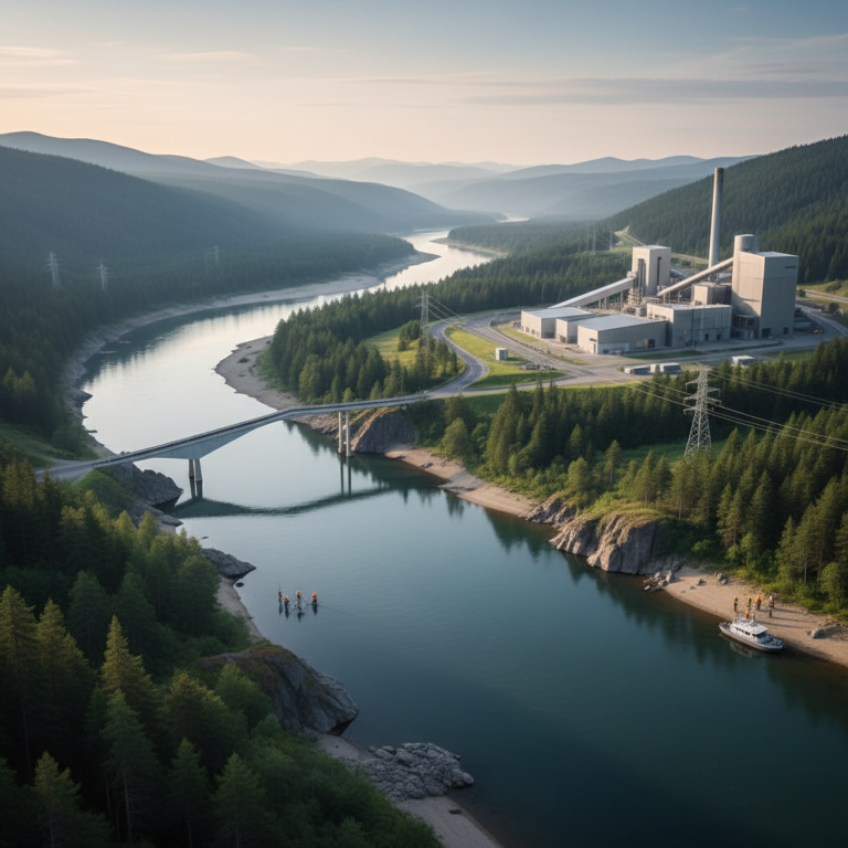 Wide panoramic view of a river valley and facility during a professional environmental impact assessment field study.