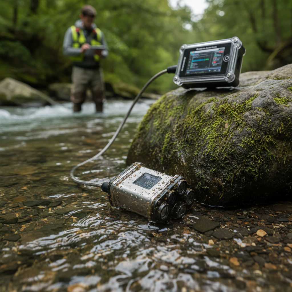 Macro shot of a water quality sensor showing technical details of environmental monitoring automation in a river.