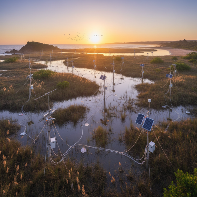 Wide view of solar powered stations in a wetland illustrating large scale environmental monitoring automation systems.