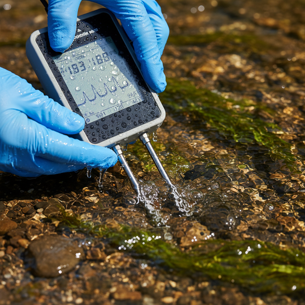 Close up of a researcher using portable environmental monitoring equipment to test water quality in a clear forest stream.