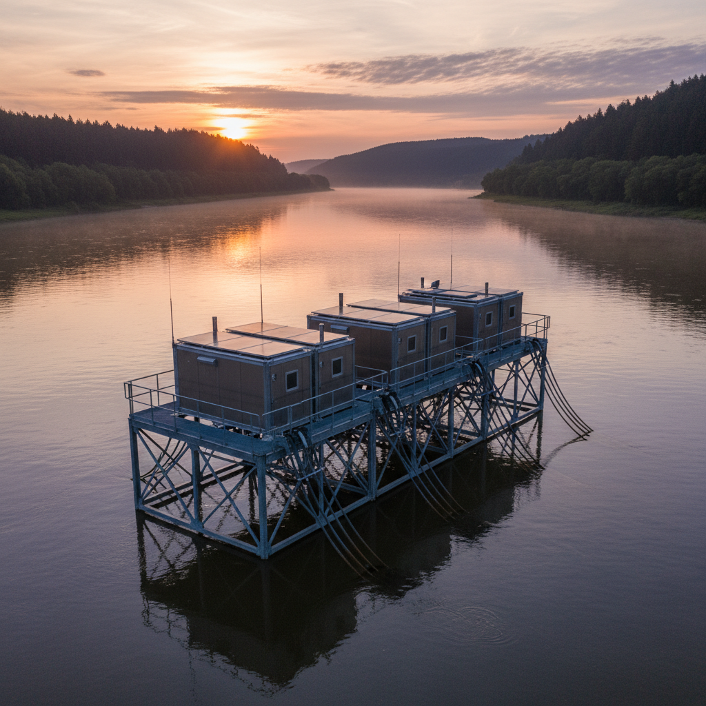 Solar powered environmental monitoring equipment installed on a wide river pier during a misty sunrise in the wild.
