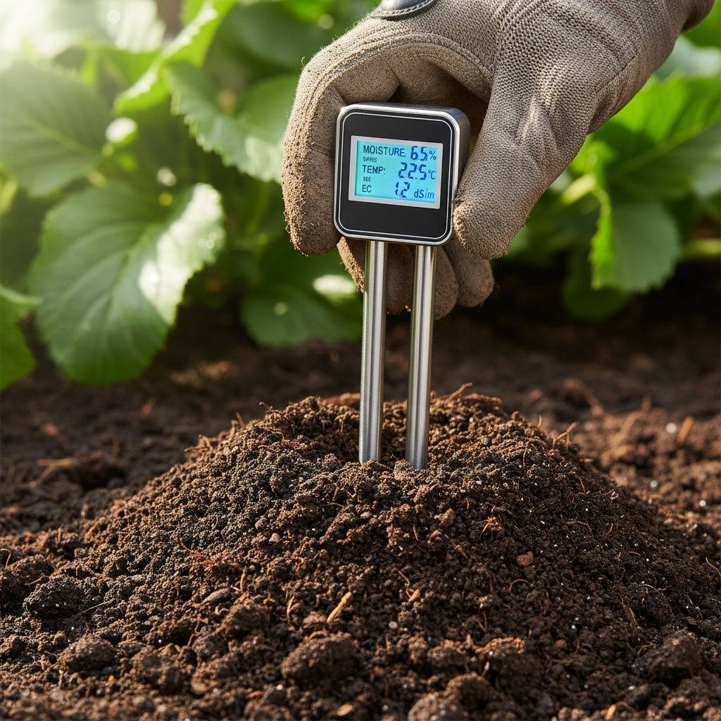 Close up of a technician using a digital sensor for environmental monitoring for agriculture in a field of green crops.