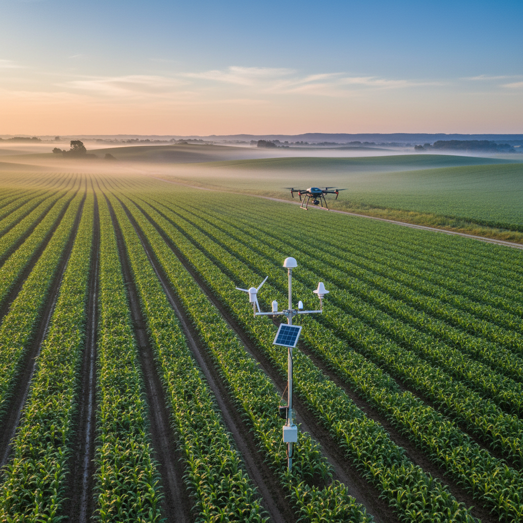 Wide panoramic view of a smart farm using environmental monitoring for agriculture with weather stations and drones at sunrise.