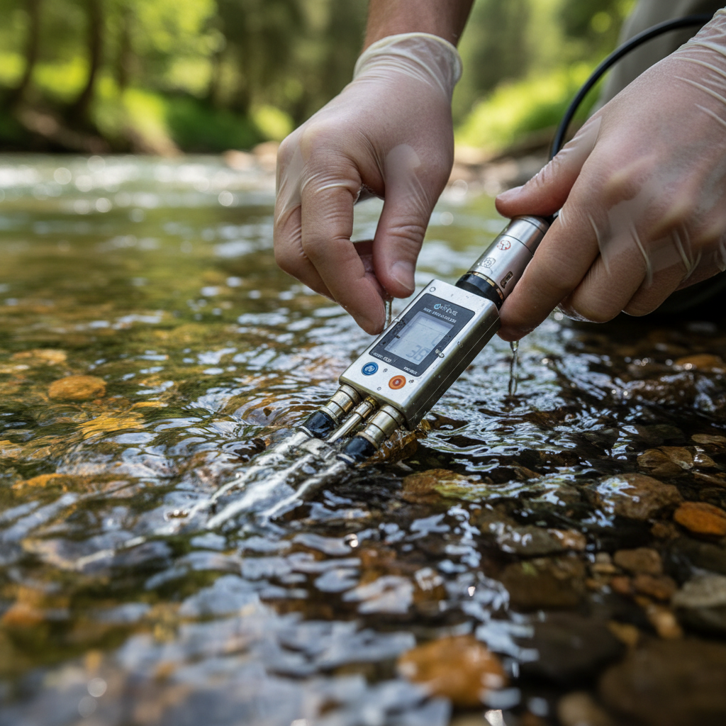 Close up of a technician calibrating technical environmental monitoring sensors in a flowing river stream.