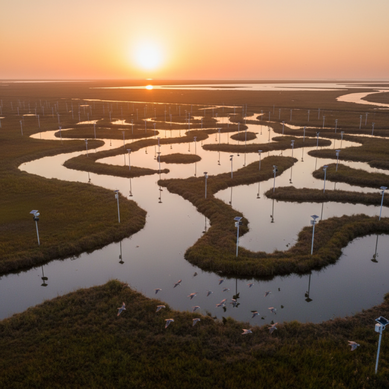 Solar powered environmental monitoring sensors installed across a wide coastal wetland during a clear sunrise.