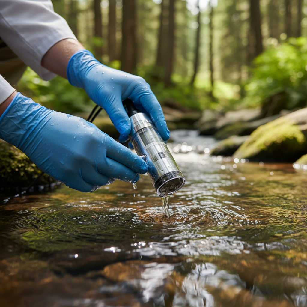 Close up of a technician using advanced environmental monitoring technology to test water quality in a natural stream.