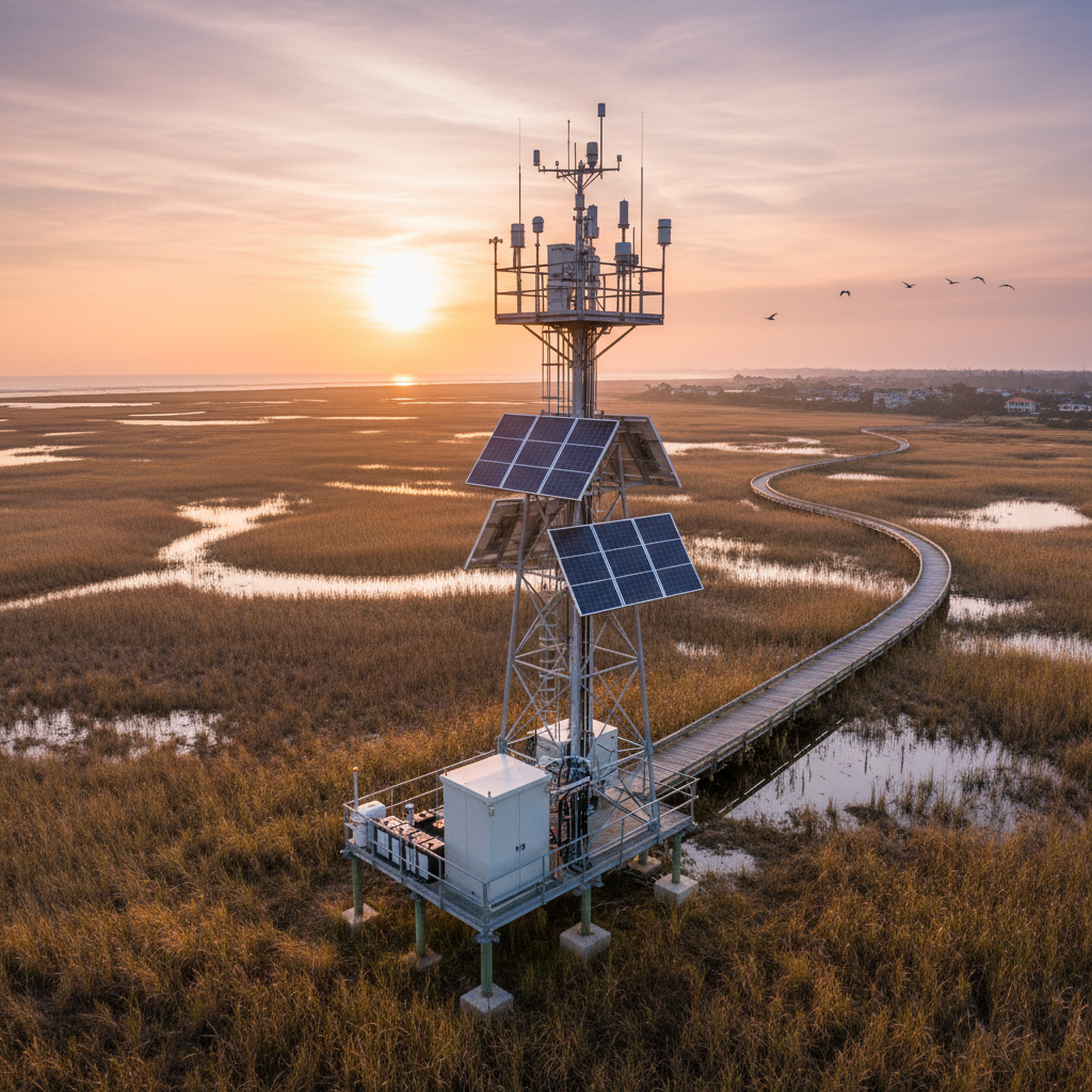 Solar powered station in a coastal wetland using environmental monitoring technology for large scale atmospheric research.