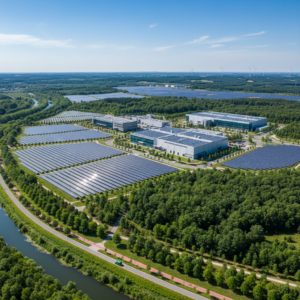 Wide view of a sustainable industrial plant with solar panels and green spaces showing esg compliance in action.