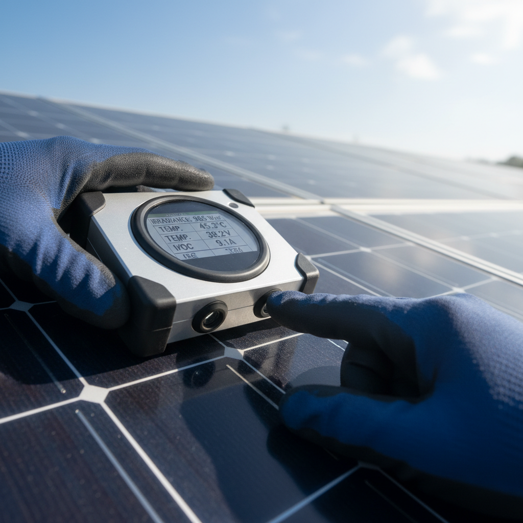 Close up of a technician using a data sensor on a solar panel to meet esg reporting requirements for technical accuracy.