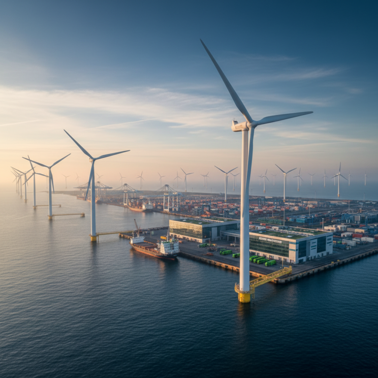 Wide view of offshore wind turbines and an industrial port illustrating global esg reporting requirements and sustainability.