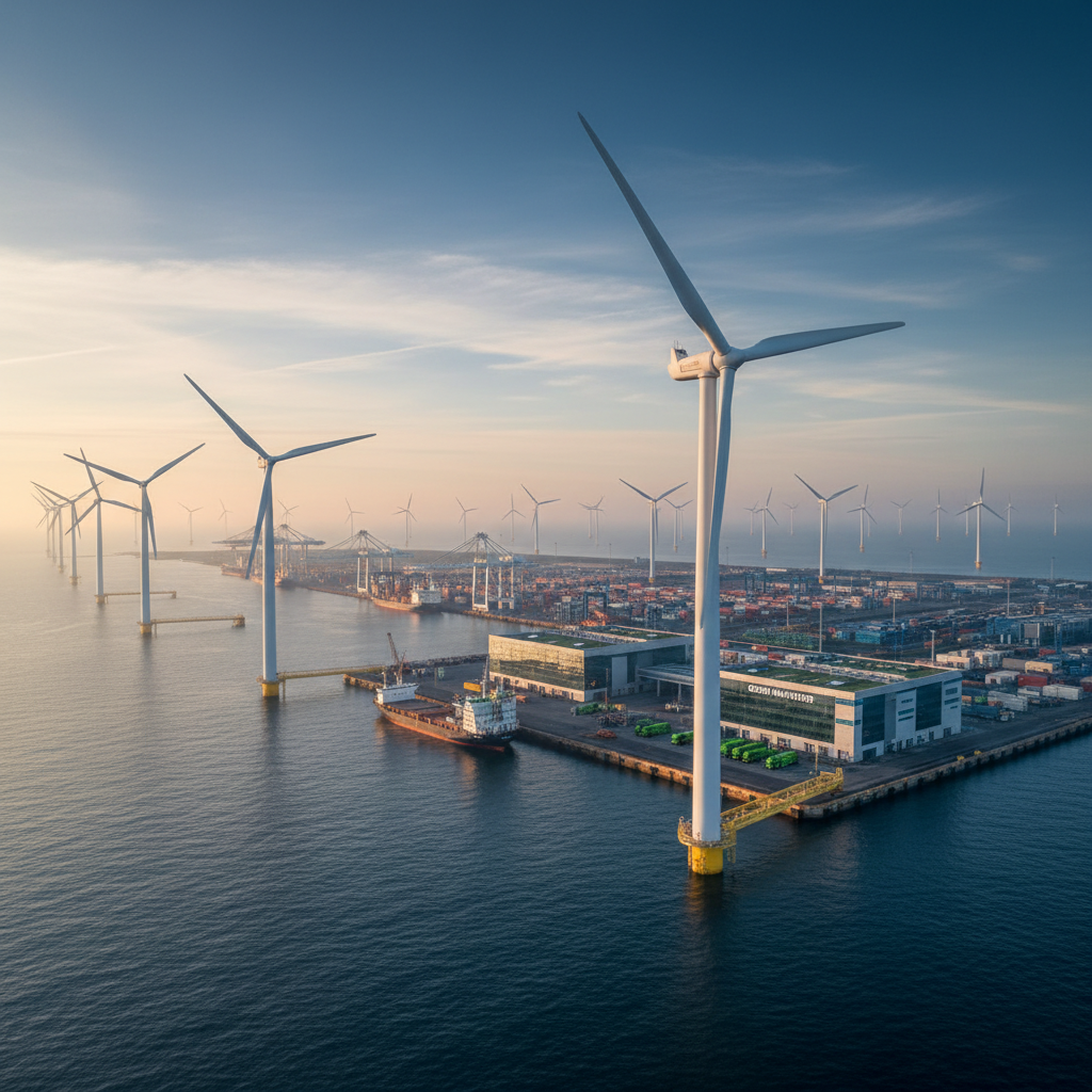 Wide view of offshore wind turbines and an industrial port illustrating global esg reporting requirements and sustainability.