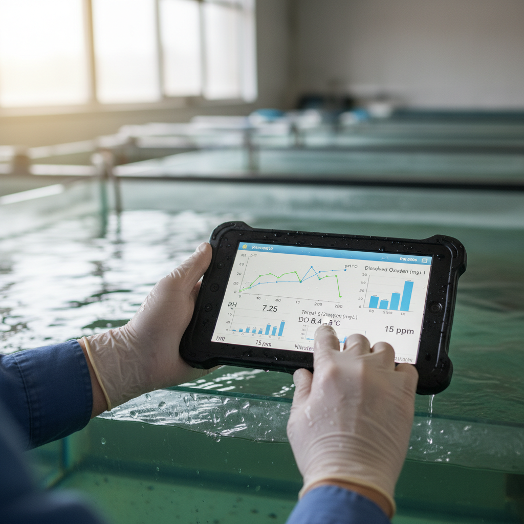 Technician using a digital tablet for fish farm monitoring at an indoor facility to check real time sensor data.