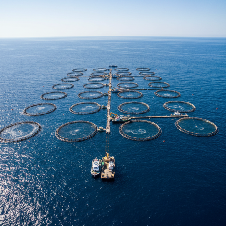 Aerial view of circular cages in the ocean showing large scale fish farm monitoring and industrial aquaculture production.