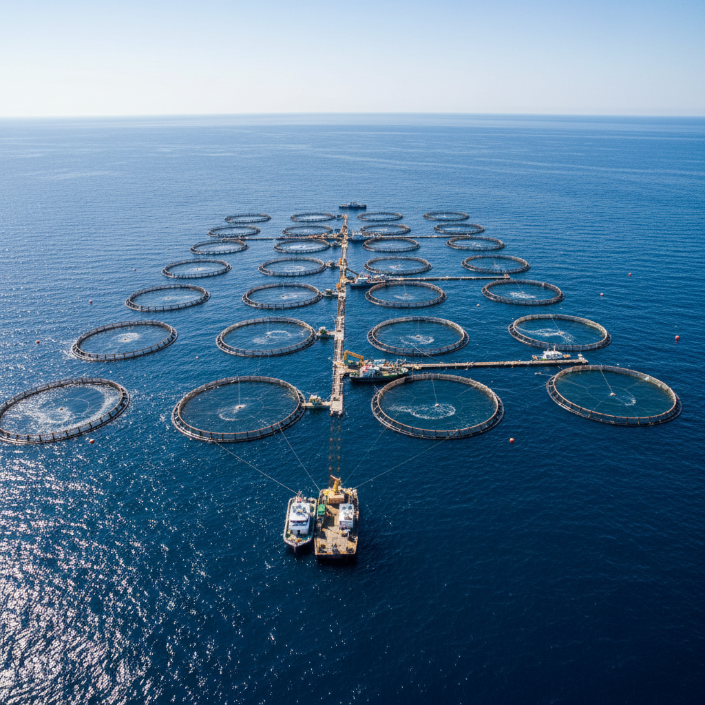 Aerial view of circular cages in the ocean showing large scale fish farm monitoring and industrial aquaculture production.