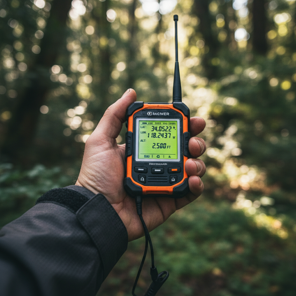 Close up of a hand holding a durable gps tracker for remote locations with a digital display showing navigation data.