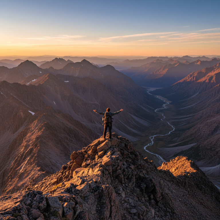 A hiker stands on a vast mountain peak using a gps tracker for remote locations during a sunset with panoramic views.