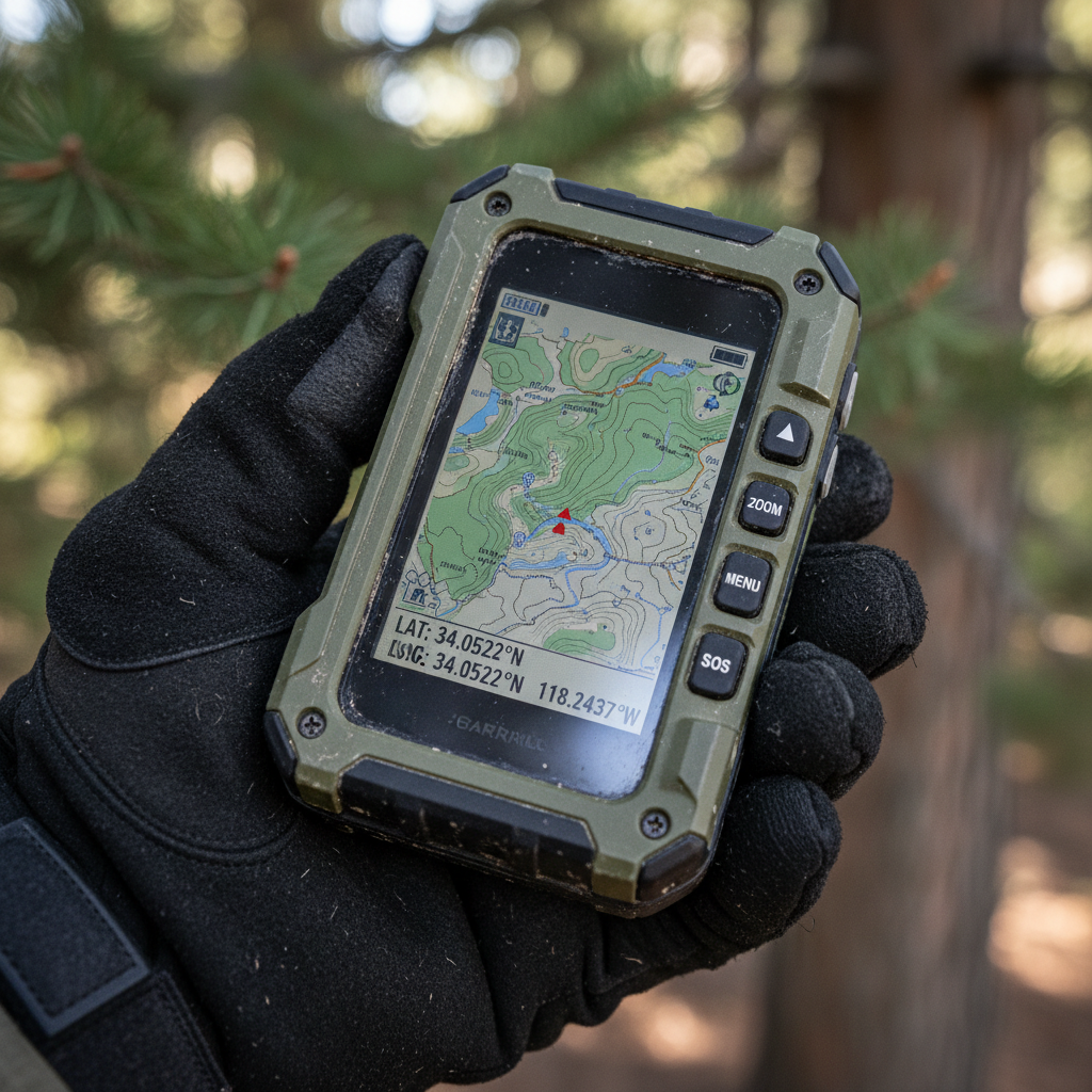 Handheld satellite device showing gps tracking without cellular coverage during a remote outdoor expedition.