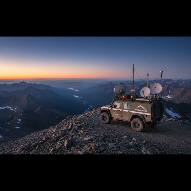 Rescue vehicle with antennas on a mountain illustrating gps tracking without cellular coverage in the wild.