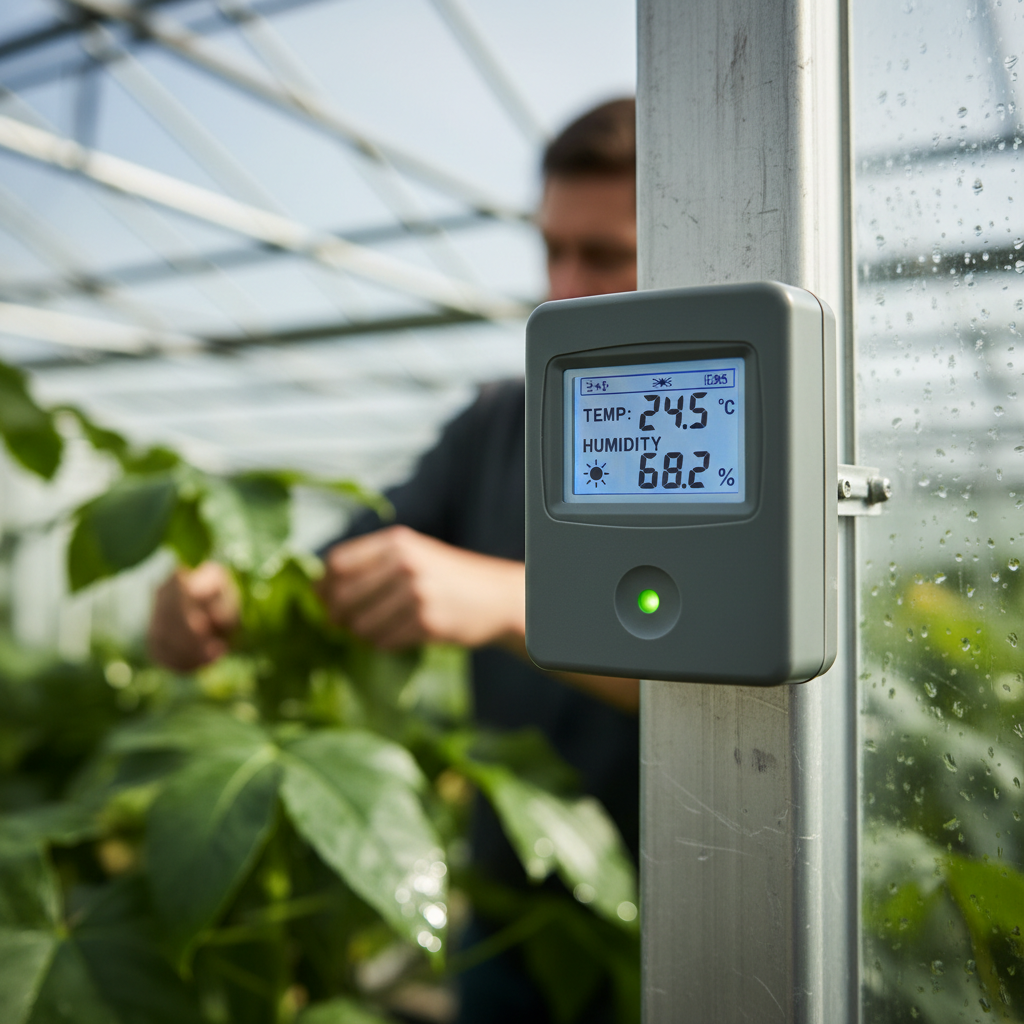 Close up of a digital sensor used for greenhouse environmental monitoring showing real time data on a small screen.