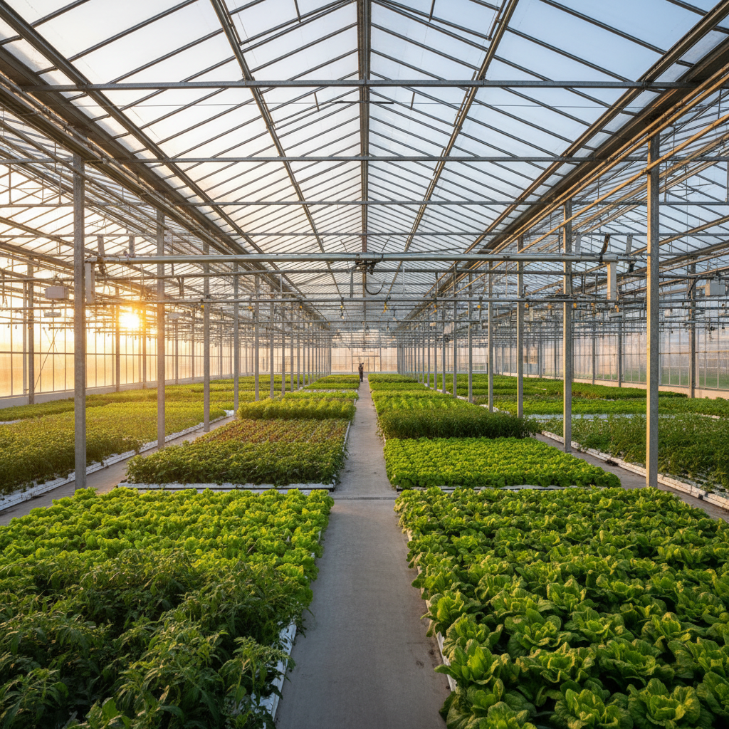 Wide view of a large glass facility using greenhouse environmental monitoring systems to oversee rows of healthy crops.