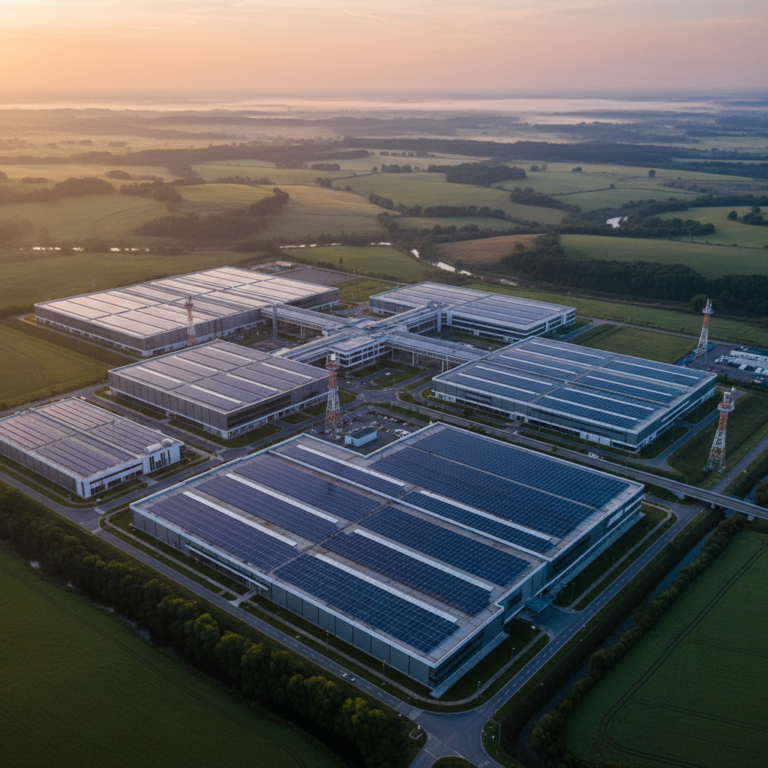 Wide panoramic view of an industrial plant with sensors used for accurate greenhouse gas reporting in natural light.