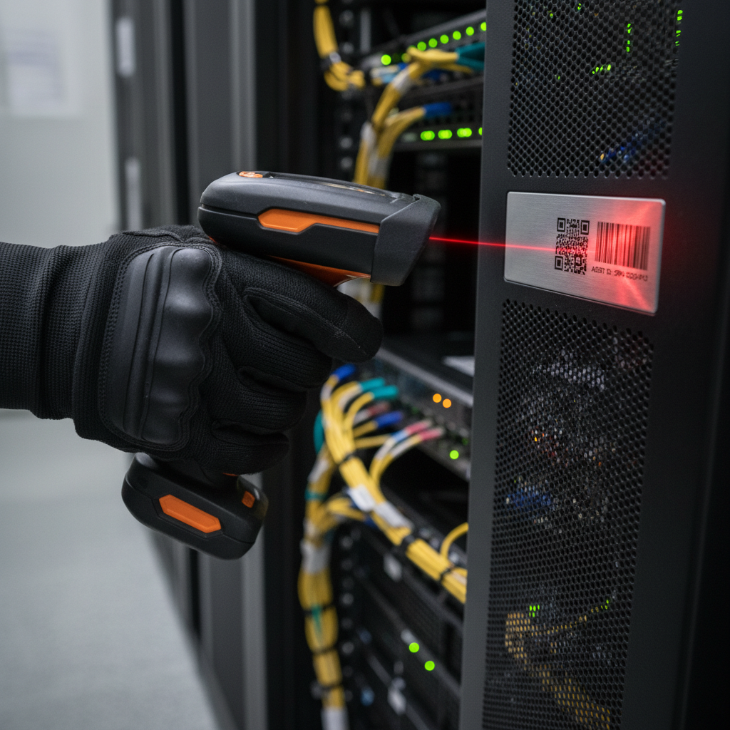 Close up of a hand scanning a barcode tag on hardware explaining how to create an asset tracking system for equipment.
