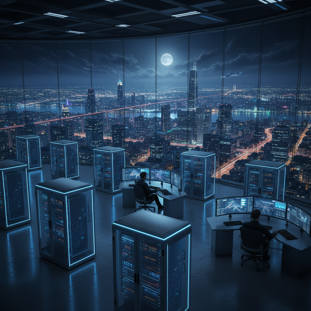 Wide view of a secure data center and smart city skyline explaining how to secure iot solutions in urban infrastructure.