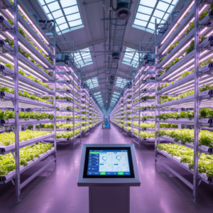 Wide view of a commercial indoor vertical farm featuring a high tech hydroponic monitoring system and purple LED grow lights.