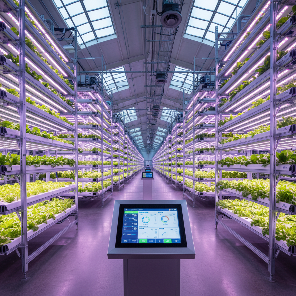 Wide view of a commercial indoor vertical farm featuring a high tech hydroponic monitoring system and purple LED grow lights.