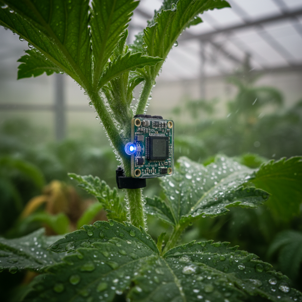 Macro close up of professional indoor farming sensors attached to a plant leaf in a hydroponic facility.
